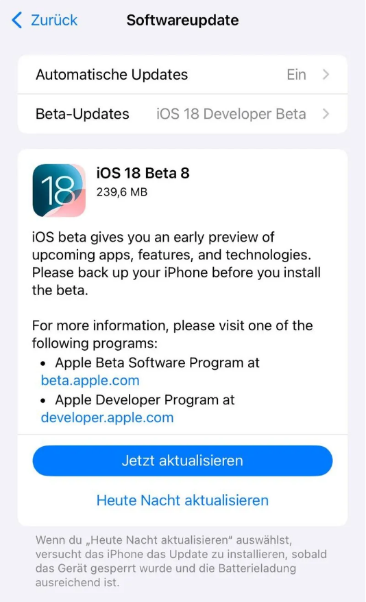 阜南苹果手机维修分享苹果 iOS / iPadOS 18 开发者预览版 Beta 8 发布 